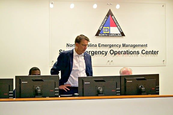 Gov. Pat McCrory is briefed about Tropical Storm Hermine at the state’s Emergency Operations Center in Raleigh.