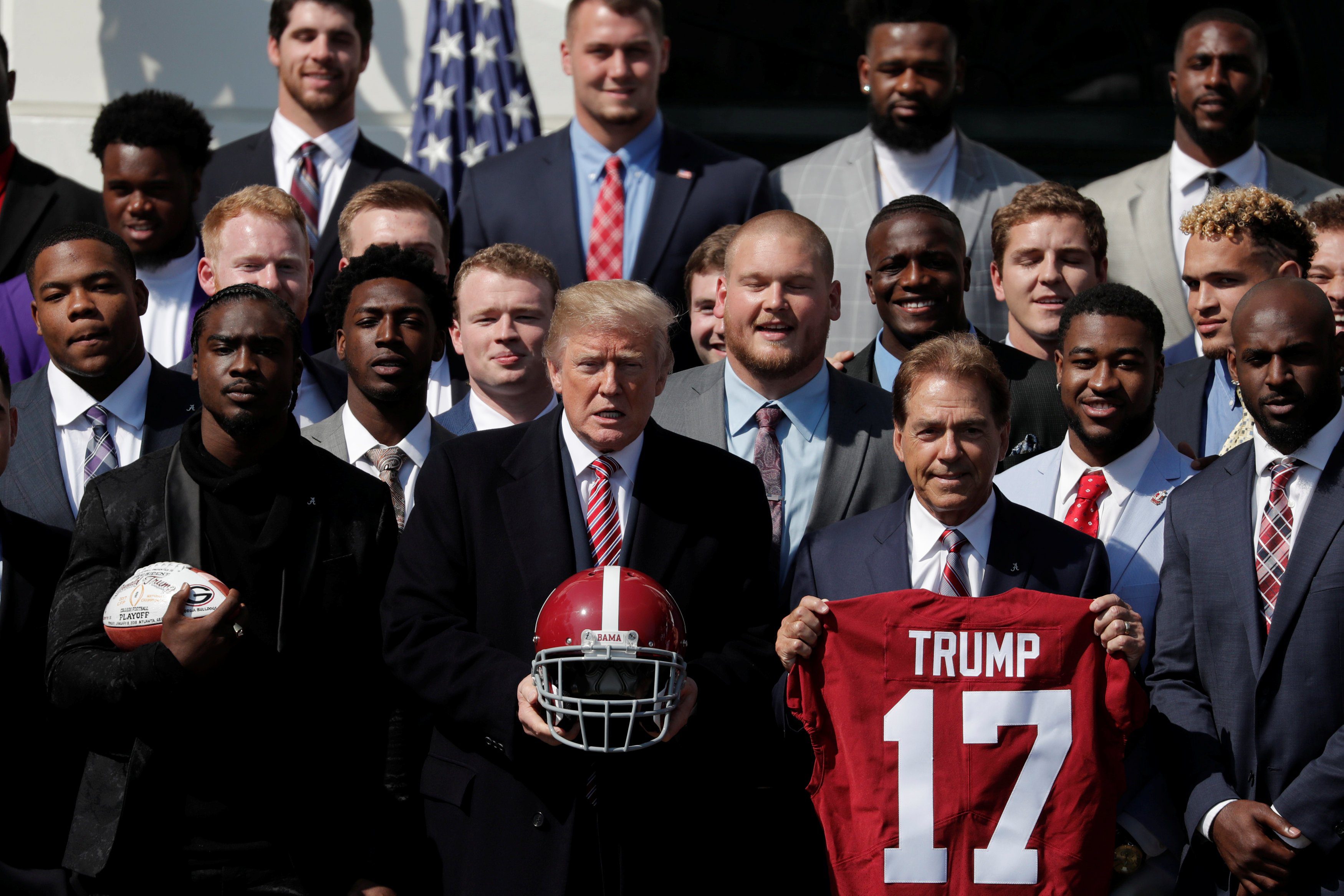 U.S. President Donald Trump welcomes the 2017 NCAA Football National Champions, The Alabama Crimson Tide during an event at the South Lawn of the White House in Washington