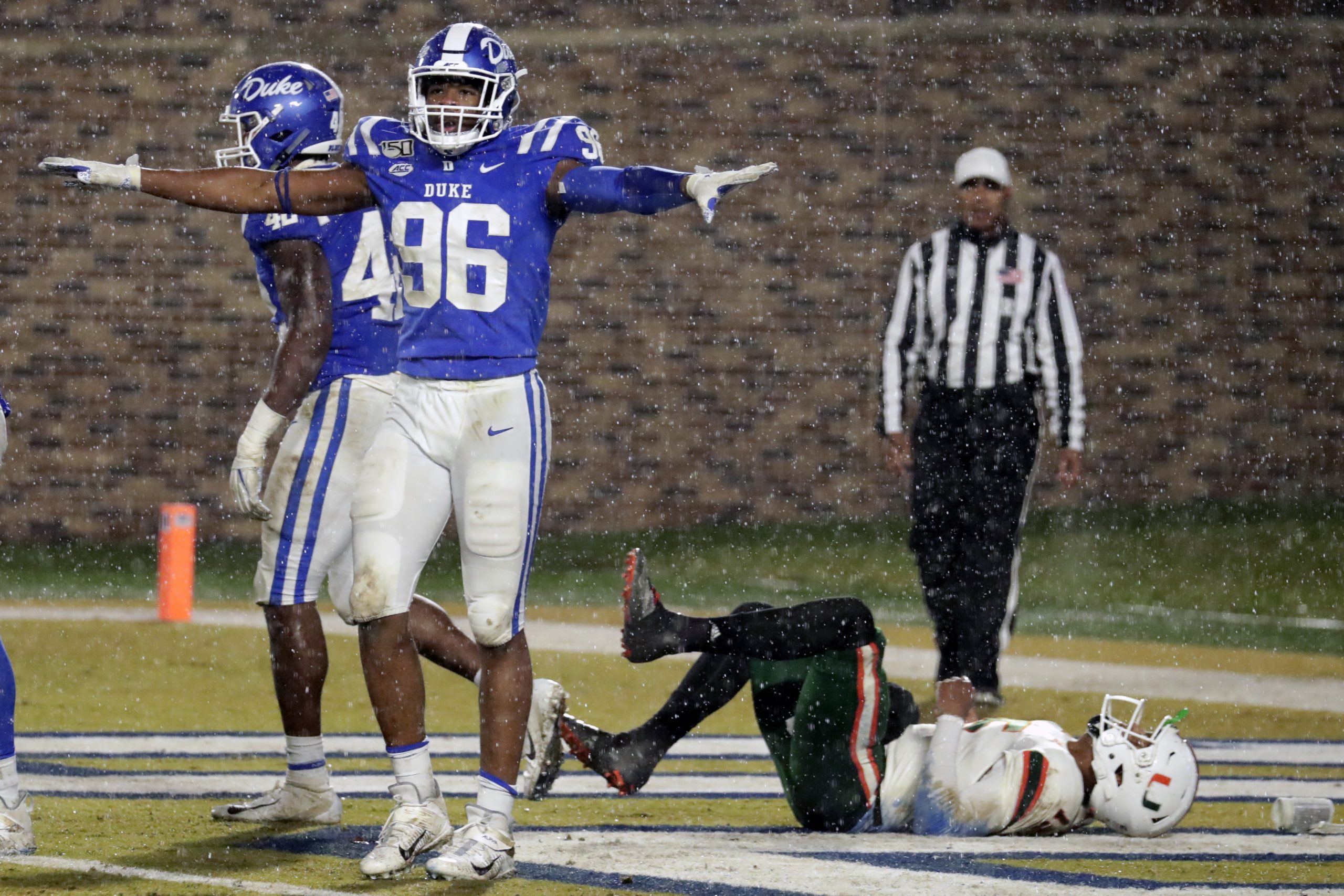 Duke quarterback Daniel Jones (17) is sacked by Georgia Tech