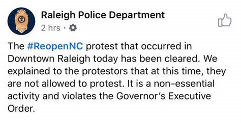 RALEIGH POLICE FB POST – PROTESTING IS NONESSENTIAL VIOLATES COOPER ORDER