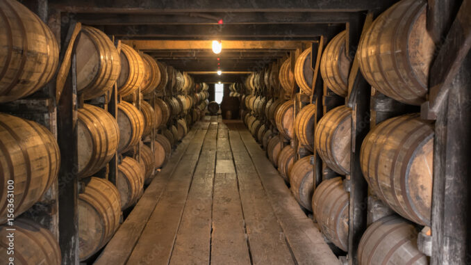 This file photo shows barrels in a Bourbon aging warehouse. (FILE)